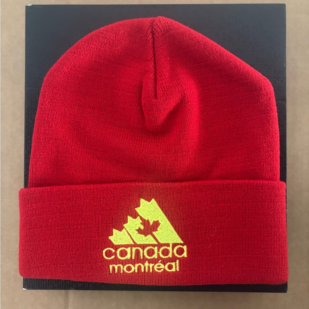 Red Knit Beanie with Yellow Logo